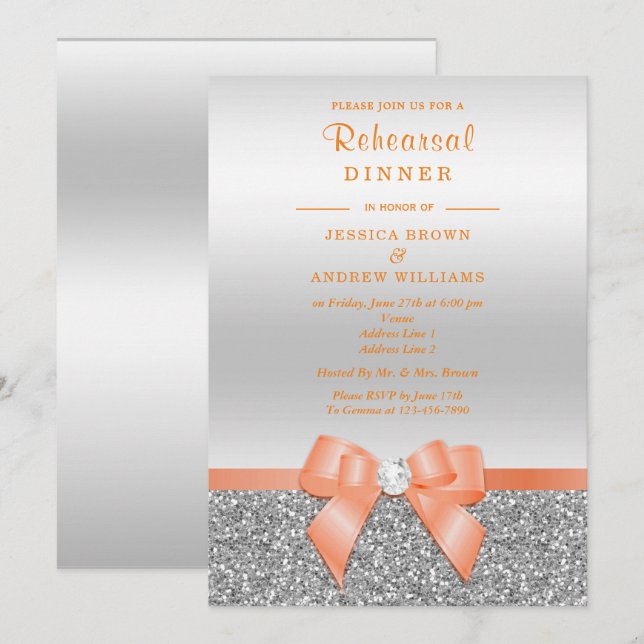 Romantisk Cora-slöja, Silverglitter Övningsmiddag Inbjudningar (Fram/baksida)
