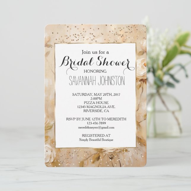 Romantisk Cream Vit ros Konfetti-möhippa Inbjudningar (Stående Fram)