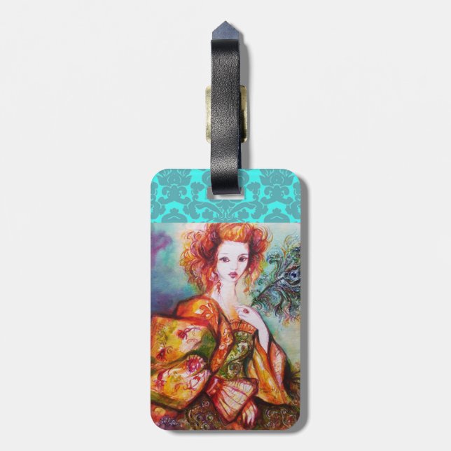 ROMANTISK DAM MED PEACOCK FEATHER DAMASK MONOGRAM BAGAGEBRICKA (Baksidan Lodrät)