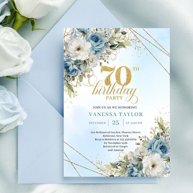 Romantisk dammig blå 70-års inbjudan (Romantic Dusty Blue 70th Birthday Invite)