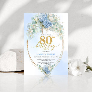 Romantisk dammig blå blommig 80-årsdag inbjudningar