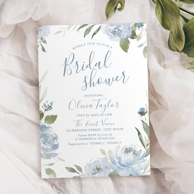 Romantisk dammig blå blommigt Möhippa Inbjudningar (Romantic dusty blue calligraphy Bridal Shower Invitation)