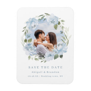Romantisk dammig blå blomsterfotografi spara datum magnet