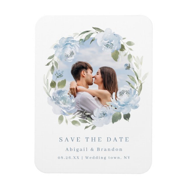 Romantisk dammig blå blomsterfotografi spara datum magnet (Vertikal)