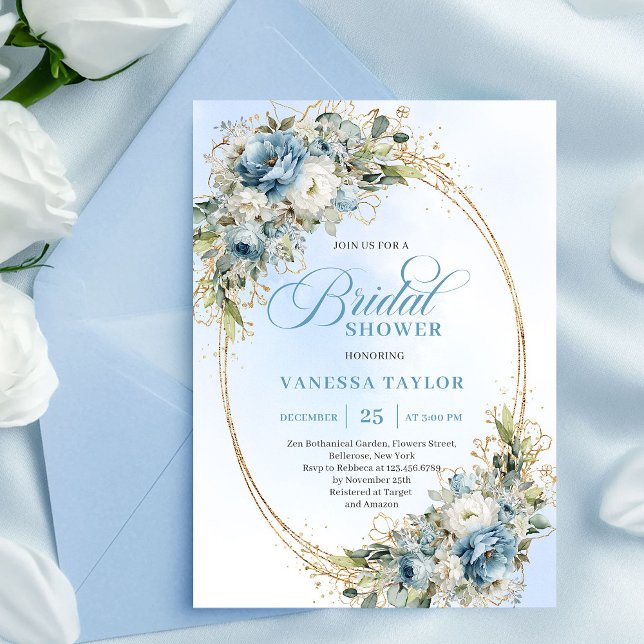 Romantisk dammig blå eukalyptus guld bröllopsdusch inbjudningar (Romantic Dusty Blue Eucalyptus Gold Bridal Shower Invite)
