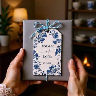 Romantisk dammig blå fransk toile bröllop presentetikett