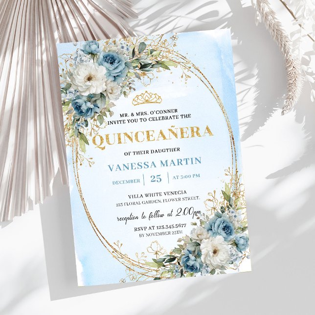Romantisk dammig blå grönska Quinceañera Inbjudningar (Romantic Dusty Blue Gold Greenery Quinceañera)