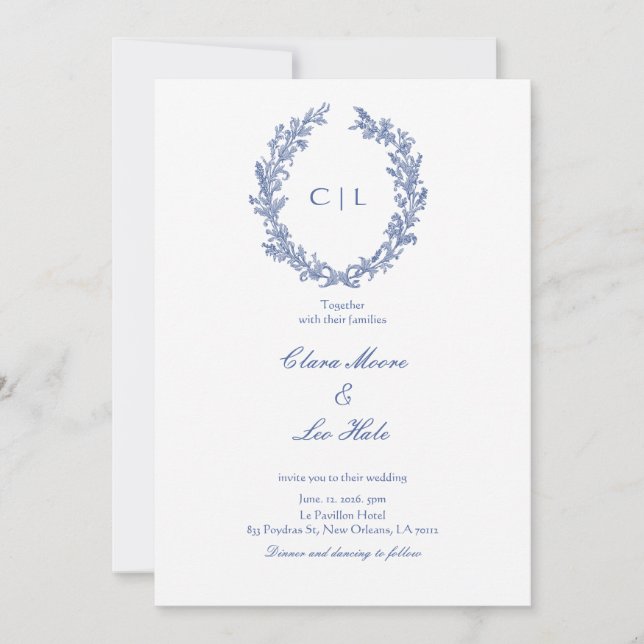 Romantisk dammig blå vildbloms krans bröllop inbjudningar (Framsida)