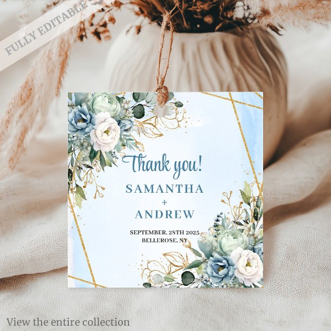 Romantisk Dammig Blå Vit Blommig Guld Bröllopsmärk Gåvor Etiketter (Romantic Dusty Blue White Floral Gold Wedding Tag)