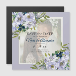 Romantisk dammig blå vit blomsterfotografi Spara d Magnetisk Inbjudningskort