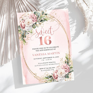 Romantisk dammig rosa blommig grönska Sweet Sixtee Inbjudningar