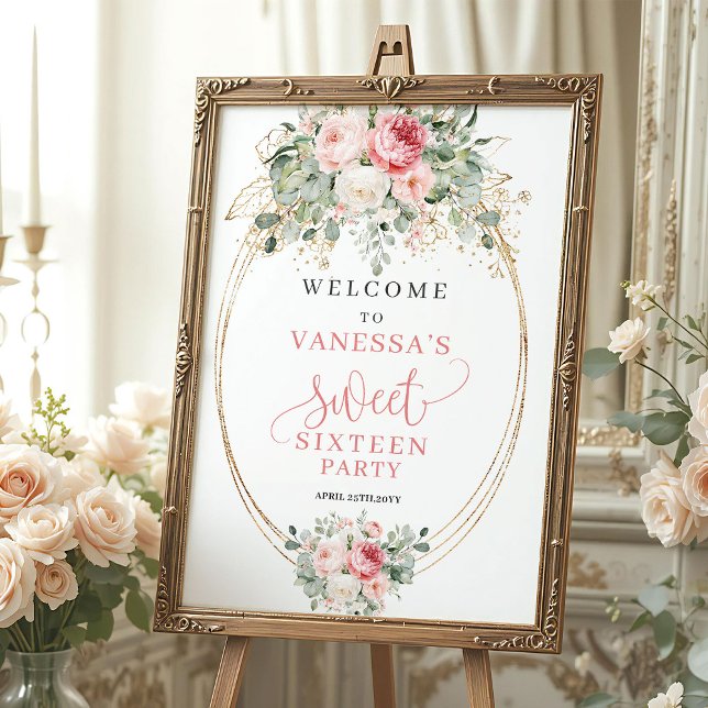 Romantisk dammig rosa blommig Sweet 16 välkomstsky Poster (Romantic Dusty Pink Floral Sweet 16 Welcome)