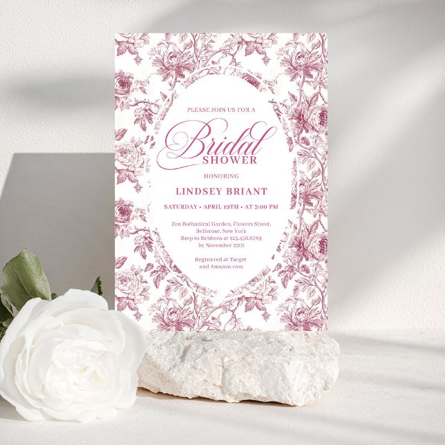 Romantisk dammig rosa blommig toile bröllopsdusch  inbjudningar (Romantic Dusty Rose Floral Toile Bridal Shower Invite)