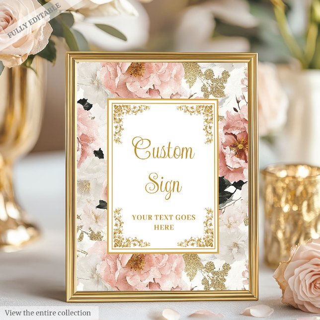 Romantisk dammig rosa blommor guld bröllop 8x10-te poster (Romantic dusty pink flowers gold wedding 8x10 sign)