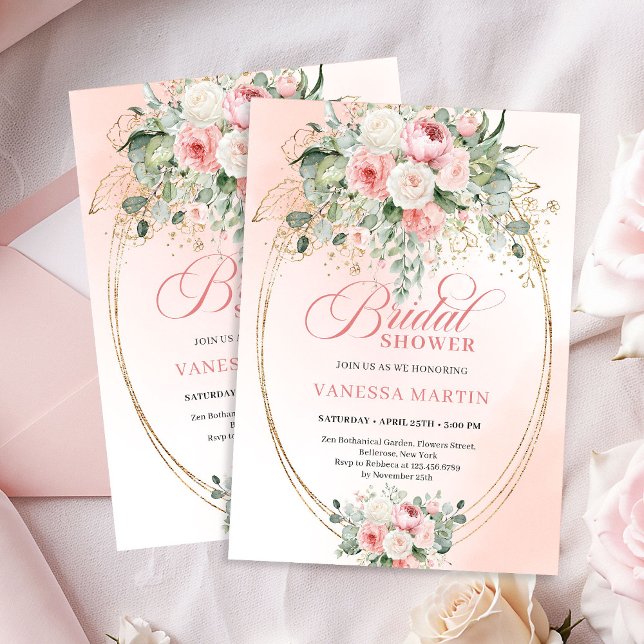 Romantisk dammig rosa eukalyptus guld bröllopsdusc inbjudningar (Romantic Dusty Rose Eucalyptus Bridal Shower Invitation)