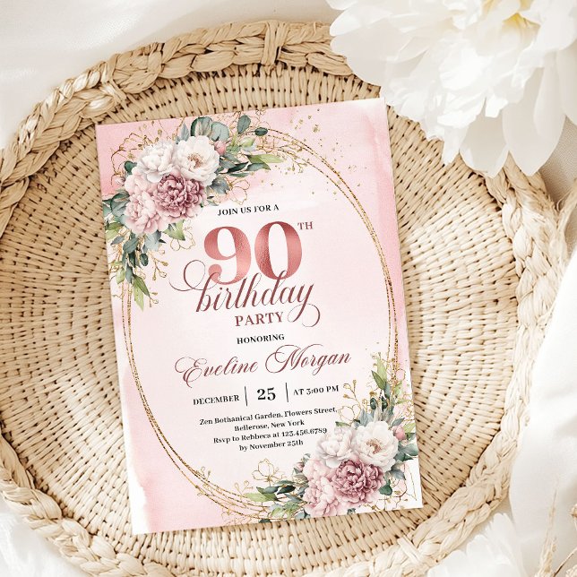 Romantisk dammig rosa guld Eukalyptus 90-årsdag  Inbjudningar (Rose Gold Blush Floral 50th Birthday 36-50)