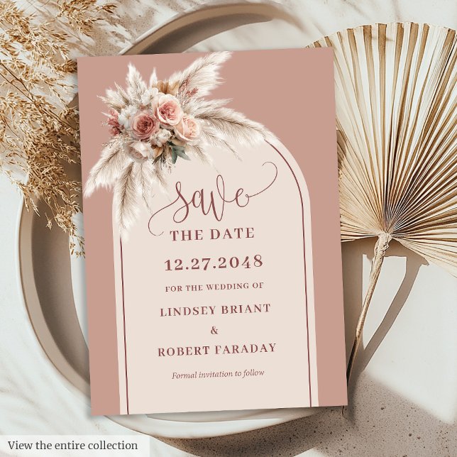 Romantisk dammig rosa pampasgräsbåge spara datum inbjudningar (Romantic Dusty Pink Pampas Grass Arch Save the Date)