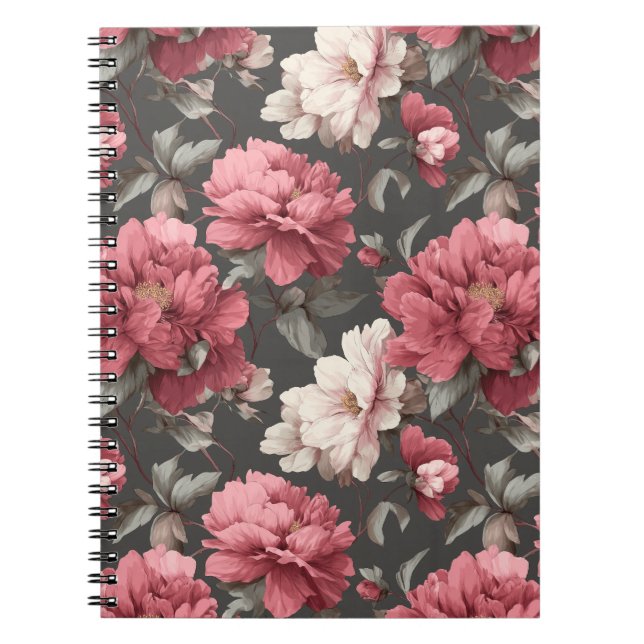 Romantisk dammig rosa peony grå blommig mönster anteckningsbok (Framsidan)