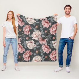 Romantisk dammig rosa peony grå blommig mönster fleecefilt