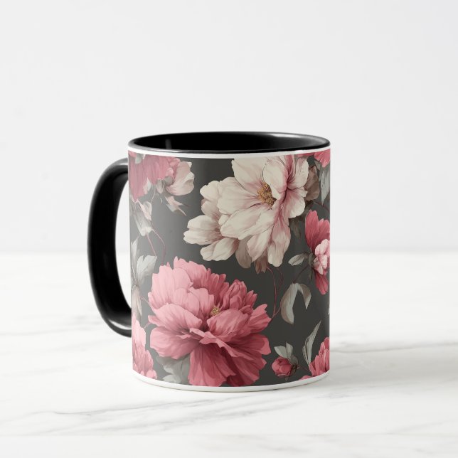 Romantisk dammig rosa peony grå blommig mönster mugg (Framsida vänster)