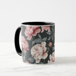 Romantisk dammig rosa peony grå blommig mönster mugg