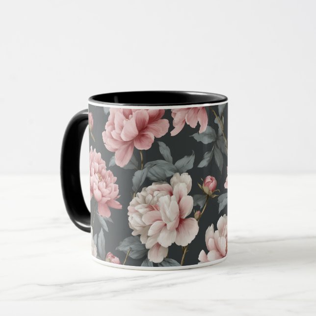 Romantisk dammig rosa peony grå blommig mönster mugg (Framsida vänster)