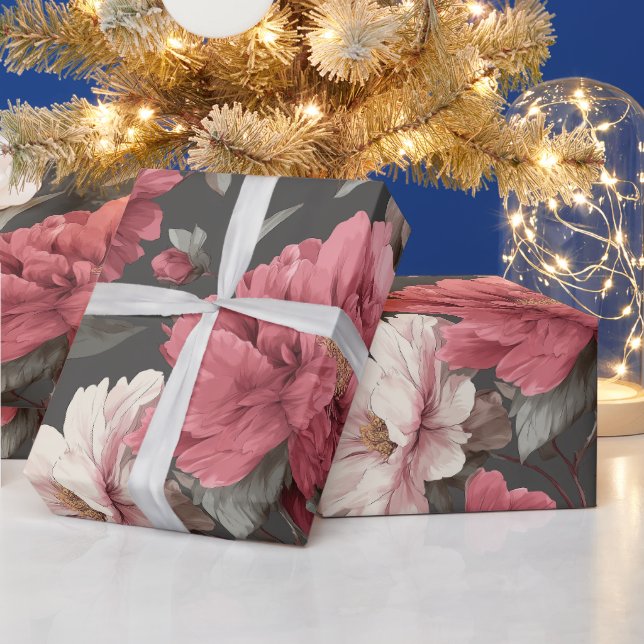 Romantisk dammig rosa peony grå blommig mönster presentpapper (Helgdagar)