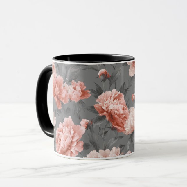 Romantisk dammig rosa peony grå blommönster mugg (Framsida vänster)