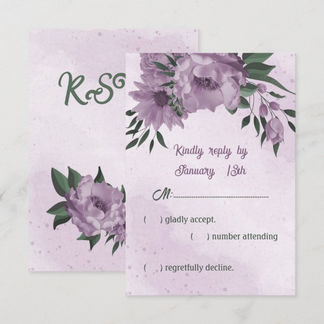 romantisk dammiga lila blommor grönt löv bröllop OSA kort (Fram/baksida)