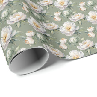 Romantisk Dämpad Salvia Grön och Vit Peony Blommig Presentpapper