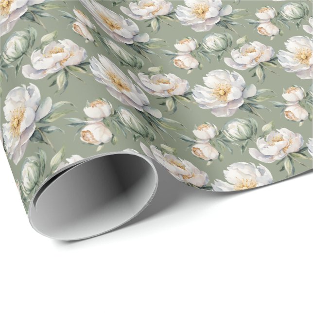 Romantisk Dämpad Salvia Grön och Vit Peony Blommig Presentpapper (Rullad Hörn)