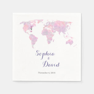 Romantisk destination Bröllop Watercolor World Map Pappersservett