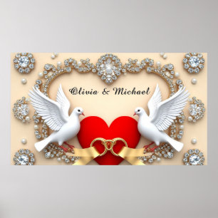 Romantisk diamantbröllopshjärta med duvor poster