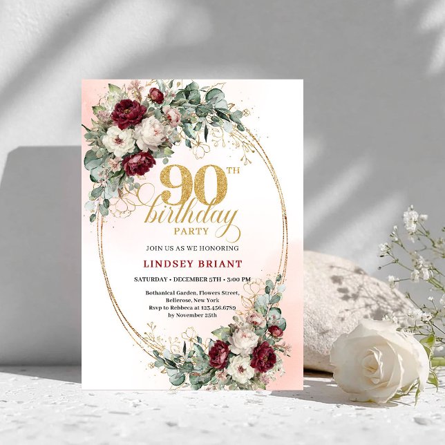 Romantisk djupröd blomsterinbjudan med guld till 9 inbjudningar (Romantic Deep Red Floral Gold 90th Birthday Invitation)