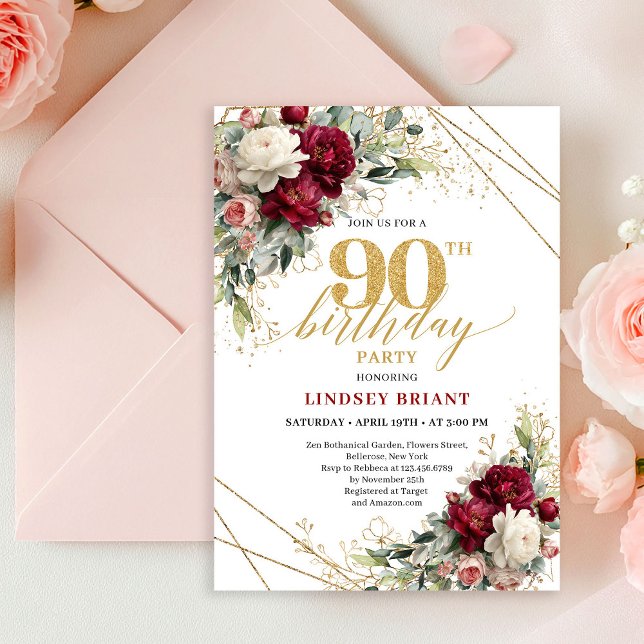 Romantisk djupröd guldblommig inbjudan till 90-års (Romantic Deep Red Gold Floral 90th Birthday Invite Card

)