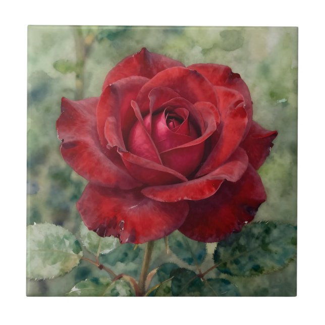Romantisk djupröd rosblomma kakelplatta (Framsidan)