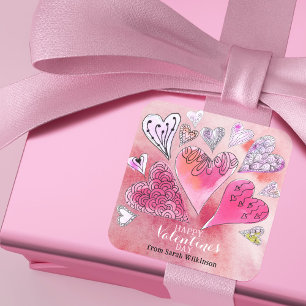 Romantisk Doodle Watercolor Hearts Valentine Day Fyrkantigt Klistermärke