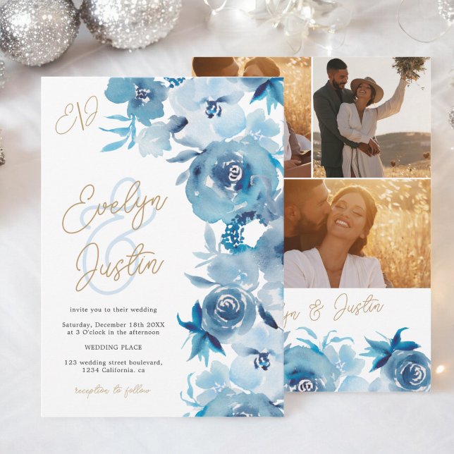 Romantisk Elegant blå Blommigt Vattenfärg Bröllop Inbjudningar (Romantic Elegant blue Floral Watercolor Wedding Invitation)