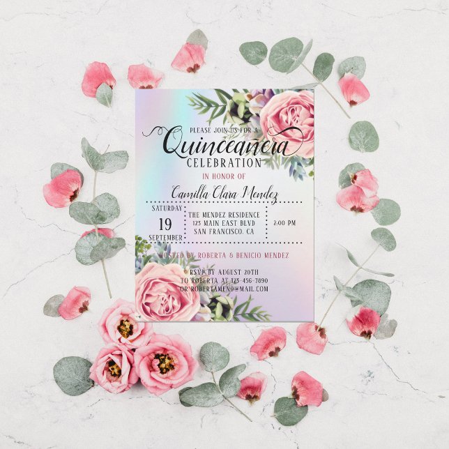 Romantisk Elegant Blommigt Quinceañera-inbjudan Inbjudningar (Skapare uppladdad)