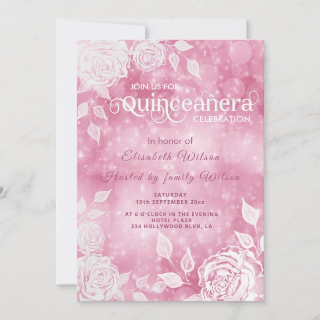 Romantisk elegant bokeh Vit ros Quinceañera Inbjudningar (Framsida)