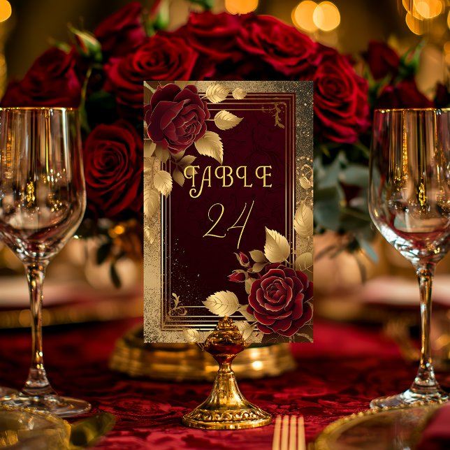 Romantisk Elegant Burgundy Röd ros & Guld Bröllop Bordsnummer (Elegant Rustic Spanish Red Rose Wedding Table Number
Flamenco Collection)