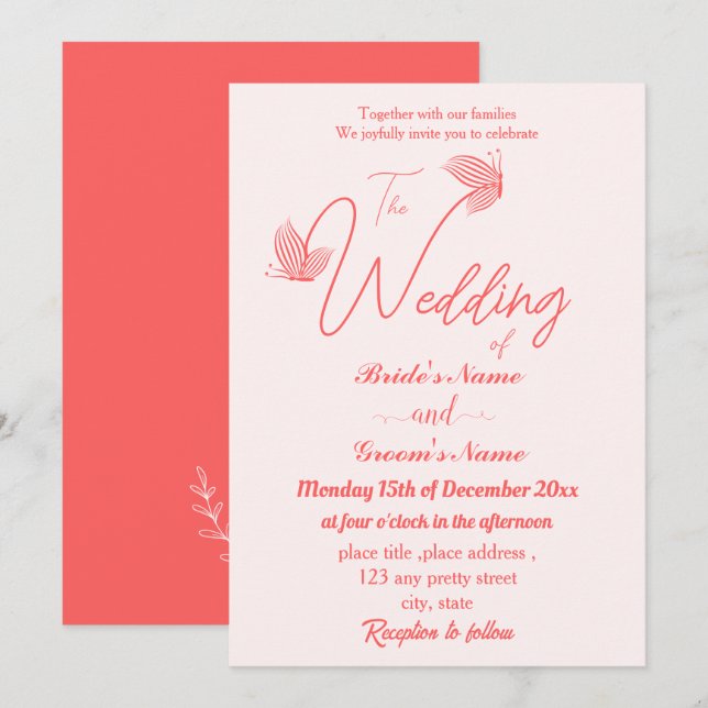 Romantisk elegant coral rosa butterflies bröllop inbjudningar (Fram/baksida)
