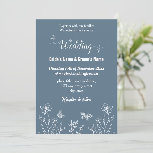Romantisk elegant dammig blå blommigt bröllop inbjudningar (Stående Fram)