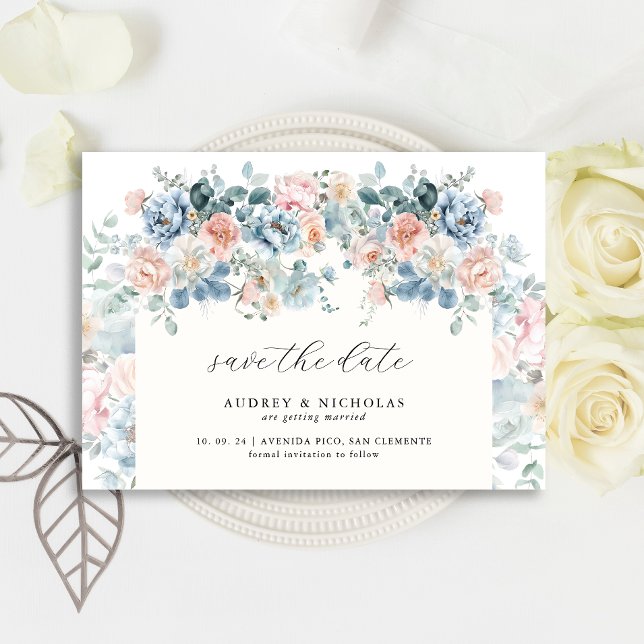 Romantisk Elegant Dammig Blå Persika Blommig Bröll Spara Datumet (Skapare uppladdad)