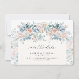 Romantisk Elegant Dammig Blå Persika Blommig Bröll Spara Datumet