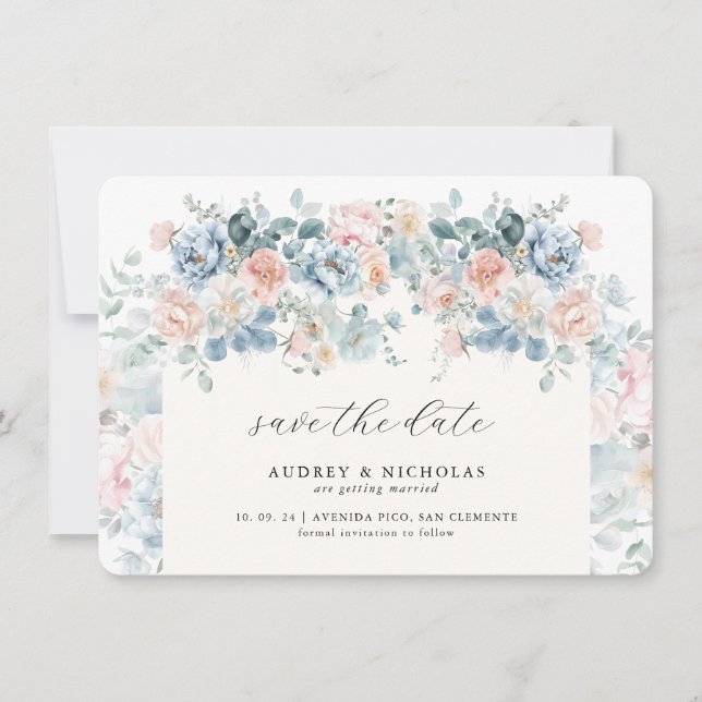 Romantisk Elegant Dammig Blå Persika Blommig Bröll Spara Datumet (Framsida)