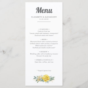 Romantisk elegant gul ros vattenfärgen bröllop meny