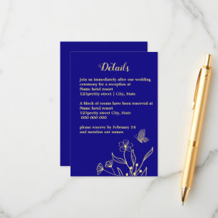 Romantisk elegant guld blomma royal blå bröllop tilläggskort