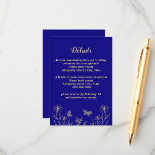Romantisk elegant guld blomma royal blå bröllop tilläggskort