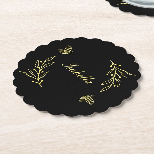 Romantisk elegant guld blommigt svart bröllop underlägg papper (Vinklad)